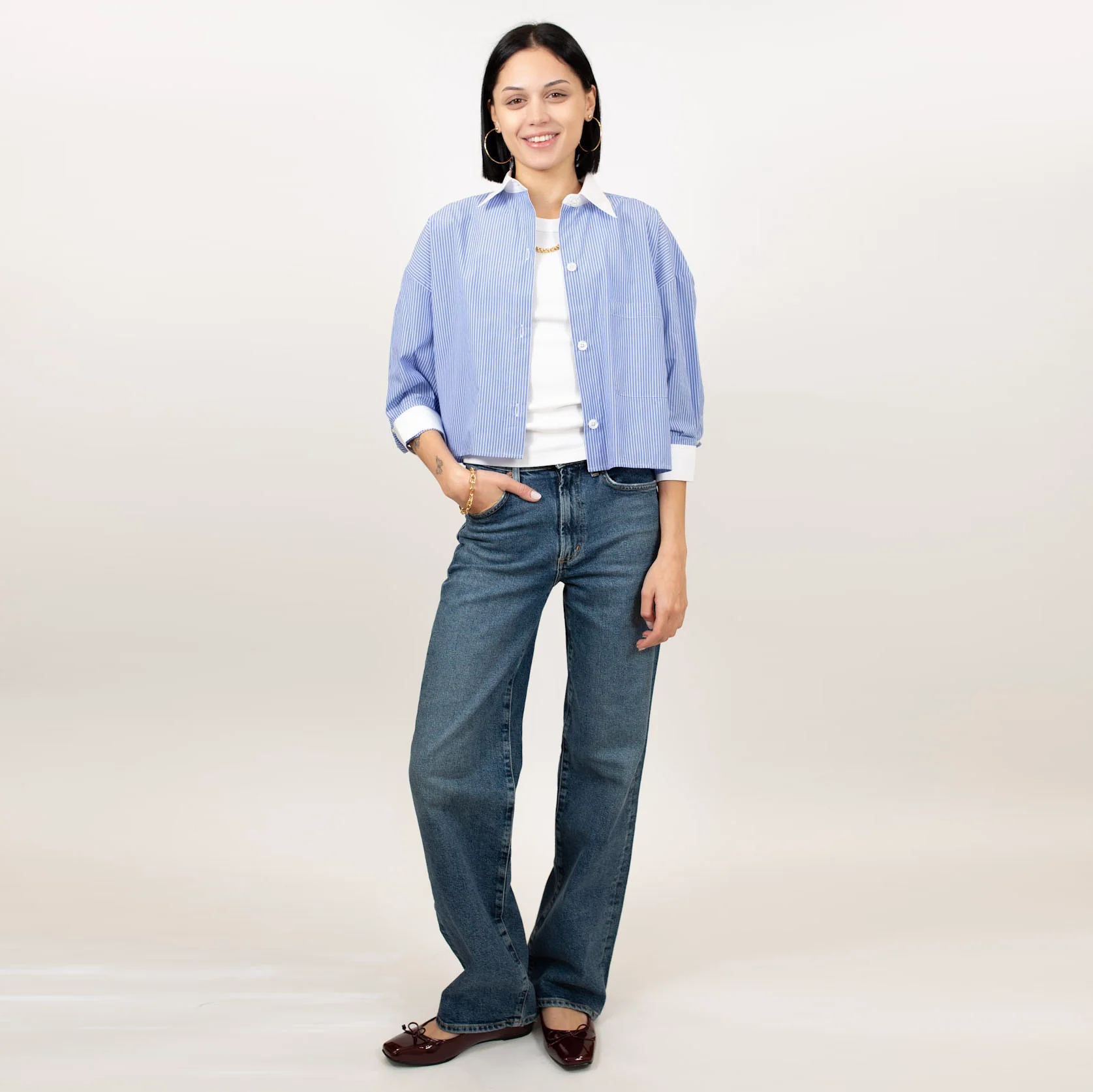 Kat Stripe Collar Crop Shirt - Image 8